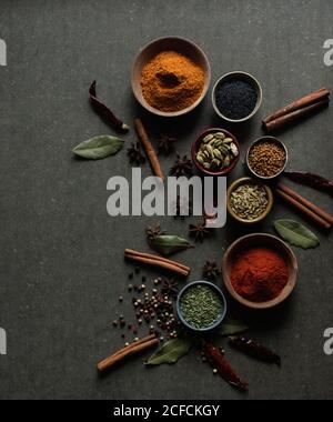 Composition vue de dessus avec différents types d'épices aromatiques naturelles placé sur fond gris foncé Banque D'Images