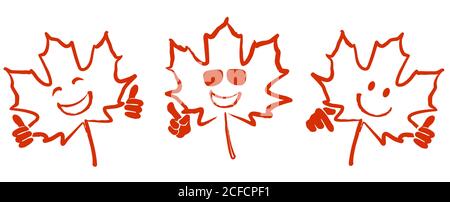 ensemble de feuilles d'érable drôle de doodle avec la main de promotion différente gestes Illustration de Vecteur