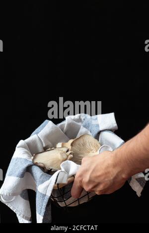 Vue latérale sur les champignons frais placés dans le panier en osier tissu tissu coloré à la main sur fond noir Banque D'Images