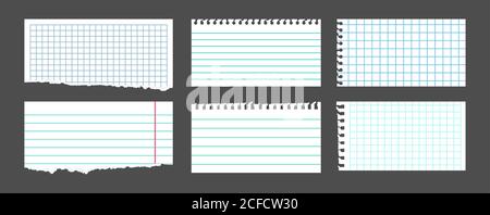 Jeu de notes blanches déchirées. Feuilles de papier pour ordinateur portable dans une cage, en ligne, morceaux déchirés note. Pages vierges du bloc-notes. Collecte de papier déchire vide, feuilles album. Illustration vectorielle isolée Illustration de Vecteur