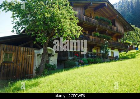 Ferme de trois étages sur une pente raide dans l'Alpbachtal Région du Tyrol Banque D'Images