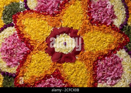 Décoration de fleurs fraîches, fond du festival Kerala Onam. Photo Banque D'Images