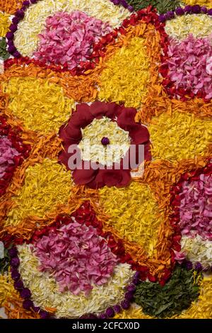 Décoration de fleurs fraîches, fond du festival Kerala Onam. Photo Banque D'Images