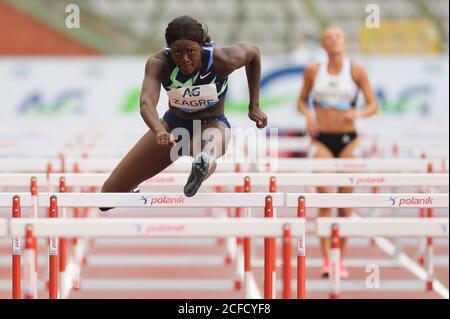 Bruxelles, Belgique. 4 septembre 2020. Anne Zagre en Belgique est en compétition pendant les 100m haies Women au Diamond League Memorial Van Damme Athletics au stade du Roi Baudouin à Bruxelles, Belgique, le 4 septembre 2020. Credit: Zheng Huansong/Xinhua/Alay Live News Banque D'Images