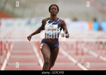 Bruxelles, Belgique. 4 septembre 2020. Anne Zagre de Belgique réagit après les 100m haies Women à l'événement Diamond League Memorial Van Damme Athletics au stade du Roi Baudouin à Bruxelles, Belgique, le 4 septembre 2020. Credit: Zheng Huansong/Xinhua/Alay Live News Banque D'Images