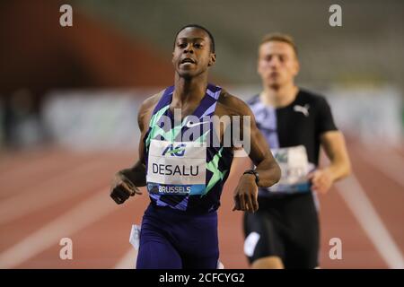 Bruxelles, Belgique. 4 septembre 2020. Eseosa Fostine Desalu en Italie réagit après les hommes de 200 m à l'événement d'athlétisme Diamond League Memorial Van Damme au stade du Roi Baudouin à Bruxelles, Belgique, le 4 septembre 2020. Credit: Zheng Huansong/Xinhua/Alay Live News Banque D'Images