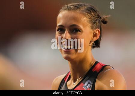 Bruxelles, Belgique. 4 septembre 2020. Rani Rosius de Belgique réagit après les 100m Women à l'événement d'athlétisme Diamond League Memorial Van Damme au stade du Roi Baudouin à Bruxelles, Belgique, le 4 septembre 2020. Credit: Zheng Huansong/Xinhua/Alay Live News Banque D'Images