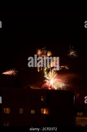 Allemagne, Bade-Wurtemberg, Karlsruhe, Saint-Sylvestre dans le quartier de Durlach, avec le Turmberg. Banque D'Images