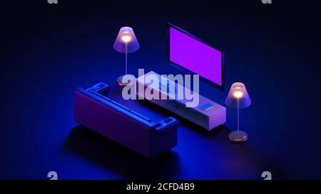 salon sombre isométrique à rendu 3d avec canapé, télévision, étagère et lampe. Banque D'Images