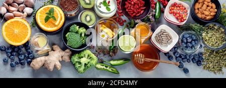 Produits sains pour la stimulation de l'immunité et la protection contre les virus. Remède contre le rhume et la grippe. Panorama, bannière Banque D'Images