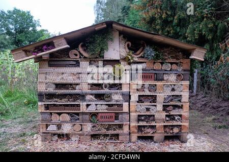 Grand hôtel d'insectes fait de palettes, de pierres perforées et de nombreux matériaux naturels Banque D'Images