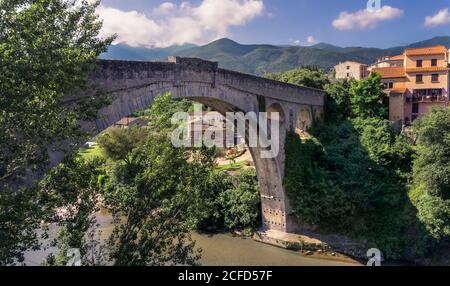 Le Pont du Diable au-dessus de la rivière Tech à Céret. Le pont de pierre à une arche a été construit au XIV siècle et sa seule arche mesure 45 mètres de large. Banque D'Images