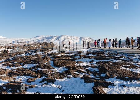 Plate-forme d'observation au centre d'accueil du parc national de Thingvellir, Islande Banque D'Images