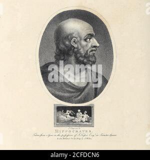 Portrait d'Hippocrate gravure de Copperplate par John Chapman. [Hippocrate de Kos (c. 460 – c. 370 BC), également connu sous le nom d'Hippocrate II, était un médecin grec qui est considéré comme l'un des chiffres les plus remarquables de l'histoire de la médecine. Il est souvent appelé le « Père de la médecine » en reconnaissance de ses contributions durables au domaine comme fondateur de l'École de médecine Hippocrate]. Extrait de l'Encyclopédie Londinensis Or, Dictionnaire universel des arts, des sciences et de la littérature; Volume X; édité par Wilkes, John. Publié à Londres en 1811 Banque D'Images