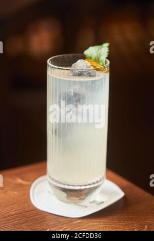 Vodka et cocktail tonique d'alcool dans le verre de High ball décoré avec feuilles de glace et de menthe sur fond sombre Banque D'Images