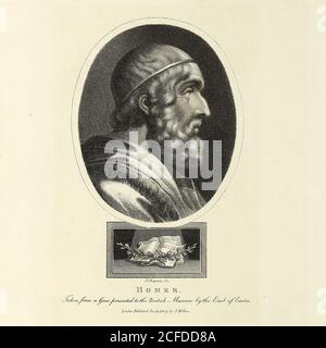 Portrait de Homer Copperplate gravure de John Chapman [Homer est l'auteur présumé de l'Iliad et de l'Odyssée, deux poèmes épiques qui sont les œuvres centrales de la littérature grecque ancienne]. Extrait de l'Encyclopédie Londinensis Or, Dictionnaire universel des arts, des sciences et de la littérature; Volume X; édité par Wilkes, John. Publié à Londres en 1811 Banque D'Images