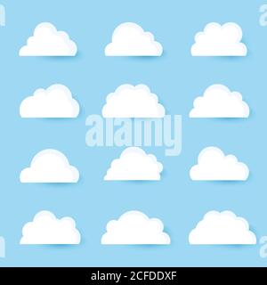 Nuages d'icônes flottant sur le ciel bleu. Il existe 12 styles uniques. Papier de dessin animé plat, blanc et doux. Illustration de Vecteur
