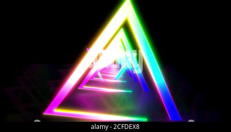 Tunnel triangulaire de couleur néon. Laser montrer l'arrière-plan. Spectre de couleur violet bleu ultraviolet . Rendu 3D illustration 3D Banque D'Images