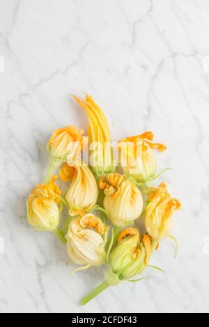 Vue de dessus des fleurs de courgettes jaunes fraîches disposées sur table en marbre blanc dans la cuisine Banque D'Images