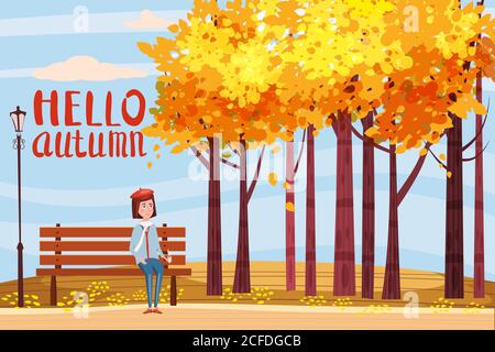 Bonjour automne, heureuse fille assise sur un banc avec une tasse de café, sous un arbre avec des feuilles tombant dans un parc, lettrage, vecteur, illustration Illustration de Vecteur