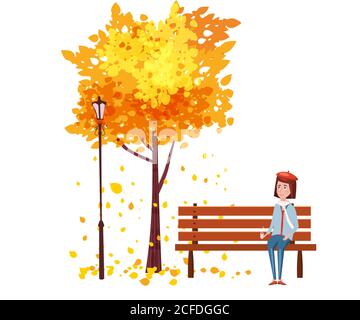 Automne, heureuse fille assise sur un banc avec une tasse de café, sous un arbre avec des feuilles en chute dans un parc, vecteur, illustration, isolé Illustration de Vecteur