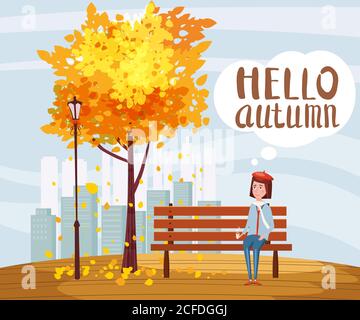 Bonjour automne, heureuse fille assise sur un banc avec une tasse de café, sous un arbre avec des feuilles tombant dans un parc, ville, urbain, lettrage, vecteur Illustration de Vecteur