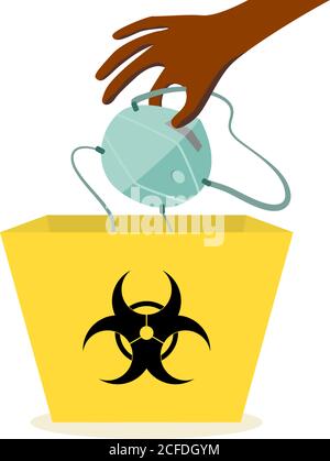 Une main d'un Africain apportant un masque médical de protection N-95 dans une poubelle jaune avec le symbole des déchets médicaux. Concept de séparation des déchets médicaux et des déchets. Illustration de Vecteur