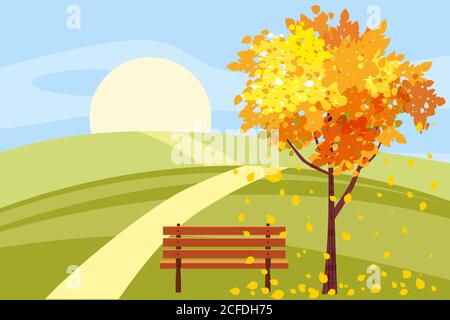 Paysage d'automne, arbre avec feuilles mortes, banc de bois, panorama, humeur automnale, jaune, rouge, feuilles orange, style de dessin animé, vecteur, illustration Illustration de Vecteur
