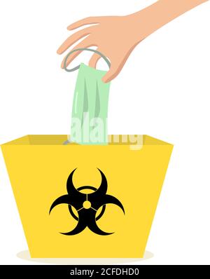 Une main portant un masque de protection médicale dans une poubelle jaune portant le symbole des déchets médicaux. Concept de séparation des déchets médicaux et des déchets.Illustration vectorielle Illustration de Vecteur