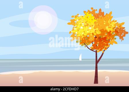 Paysage d'automne sur la mer, océan, arbre, panorama voilier, humeur automnale, jaune, rouge, feuilles orange, style de dessin animé, vecteur, illustration, isolé Illustration de Vecteur