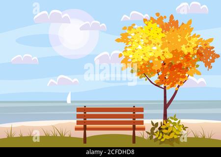 Paysage d'automne sur la mer, océan, arbre, banc en bois, panorama en voilier, ambiance automnale, jaune, rouge, feuilles d'orange, style de dessin animé, vecteur Illustration de Vecteur