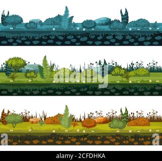 Ensemble de différents types de sol et de terre avec différents types de végétation, herbe, feuillage pour le développement de jeux d'ui, applications, vecteur Illustration de Vecteur