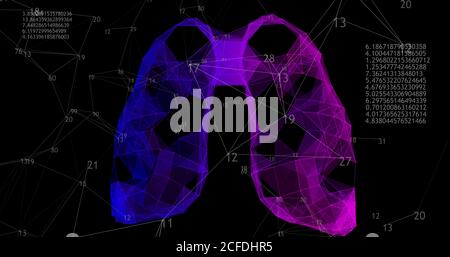 Rotation de 360 poumons polygonaux bas modèle 3D sur fond noir avec des nombres et des diagrammes croissants animés. Illustration 3D Banque D'Images