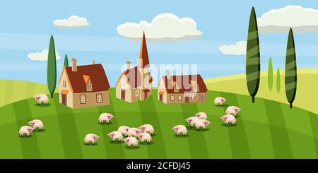 Paysage rural avec une belle vue sur les champs et les collines éloignés. Ferme, moutons. Illustration vectorielle. Style de dessin animé Illustration de Vecteur