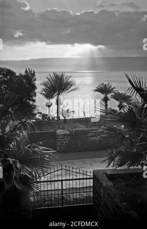 Légende originale: Lever du soleil sur la Galilée depuis le jardin de Torrance [Scots Mission Hospital Tiberias] - lieu: Israël--Tiberias ca. 1943 Banque D'Images