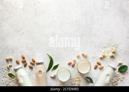 Divers ingrédients et lait à base de plantes végétaliennes, vue du dessus, espace de copie. Lait de noix et de grains sans lactose, sans lait de substitution, saine alimentation. Banque D'Images