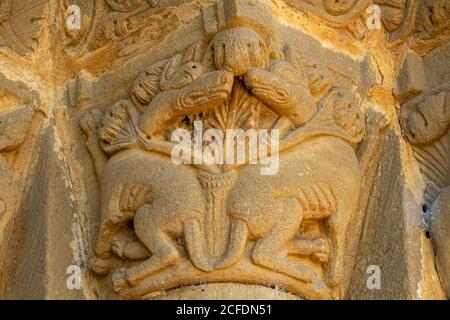 Face aux chiens, Eglise de Santiago de Agüero, Agüero, Huesca, Espagne. Banque D'Images