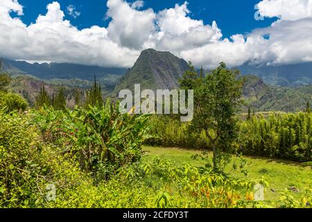 Point de vue du jour Enfer Bourg, vue du Piton d'Anchain dans le bassin volcanique du Cirque de Salazie, 1356 m, Hell-Bourg, Ile de la Réunion, France, Banque D'Images