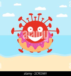 La bactérie coronavirus de la bande dessinée rouge dans le cercle nageant de beignets sur la plage. Isolé sur fond blanc. Illustration du stock vectoriel. Illustration de Vecteur