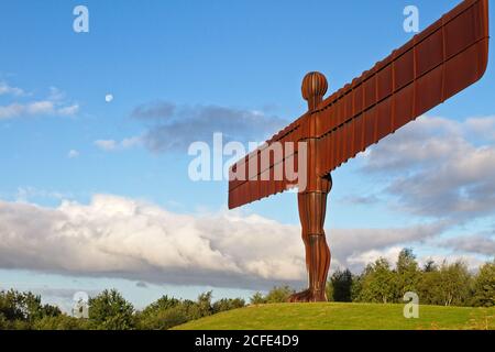 Le monument emblématique Ange de la statue du Nord à Gateshead, Tyne et Wear. Capturé dans la lumière dorée pour contracter la couleur de la rouille contre le bleu nuageux sk Banque D'Images