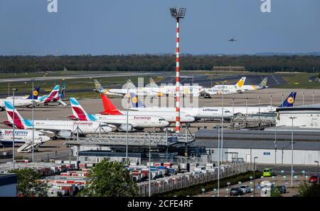 Avions des compagnies aériennes Condor, Eurowings et Lufthansa en position de parking pendant la pandémie de corona à l'aéroport de Düsseldorf, Düsseldorf, Banque D'Images