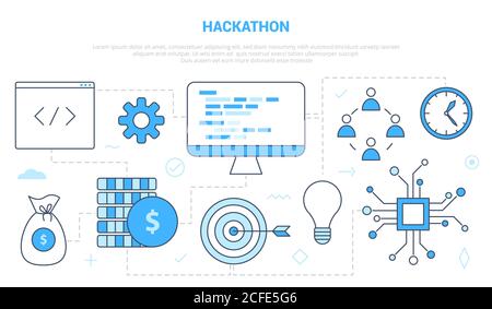 concept de développement hackathon avec bannière de modèle de jeu d'icônes avec moderne style bleu Illustration de Vecteur