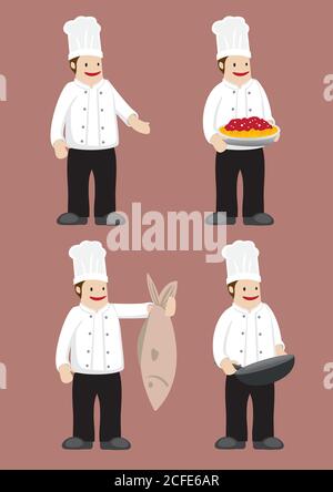 Ensemble de quatre chefs de dessin animé en blanc veste croisée uniforme de chef et toque. Illustration vectorielle isolée sur fond gris. Illustration de Vecteur