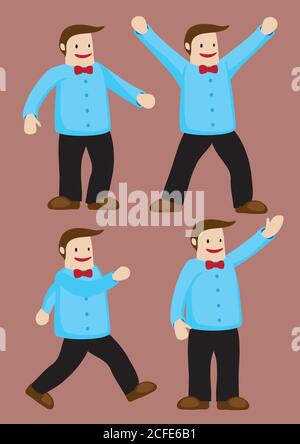 Jolly FAT homme avec un grand sourire sur le visage portant une chemise bleue et un noeud papillon rouge. Jeu de quatre caractères vectoriels isolés sur fond marron. Illustration de Vecteur
