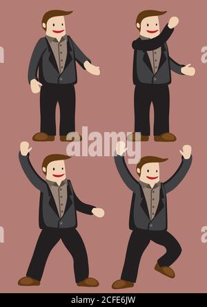 Un jeune homme de dessin animé souriant portant une chemise marron, une veste noire et un pantalon dans des poses et des gestes qui suggèrent la joie et l'excitation. Vecteur caractère illus Illustration de Vecteur