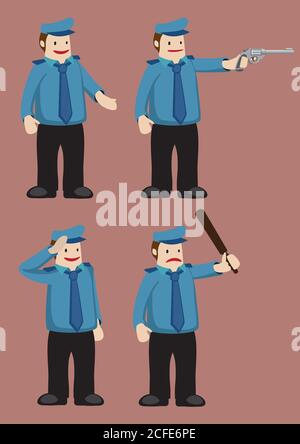 Dessin animé vectoriel de l'officier de police en uniforme bleu et beret avec des accessoires isolés sur fond brun uni Illustration de Vecteur