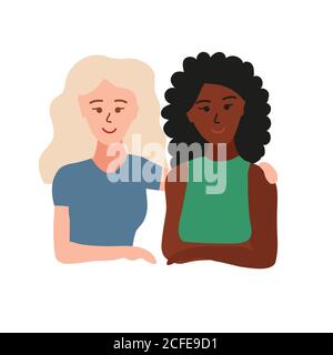 petites amies. Deux femmes à la peau noire et blanche se embrassent. Amitié féminine. Filles caucasiennes et africaines. Iilustraation de vecteur de dessin animé isolée Illustration de Vecteur