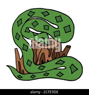 Serpent à l'enlinet de couleur dessiné à la main sur la souche en bois. Illustration de Vecteur