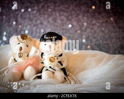 concept d'amour : couple ours en peluche en robe de mariage pour valentin carte de voeux avec fond bokeh. papier peint concept d'amour. carte d'invitation de mariage Banque D'Images