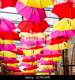 Ouvert coloré unbrellas Camden Market, Londres Royaume-Uni sans personne suspendu du plafond Banque D'Images